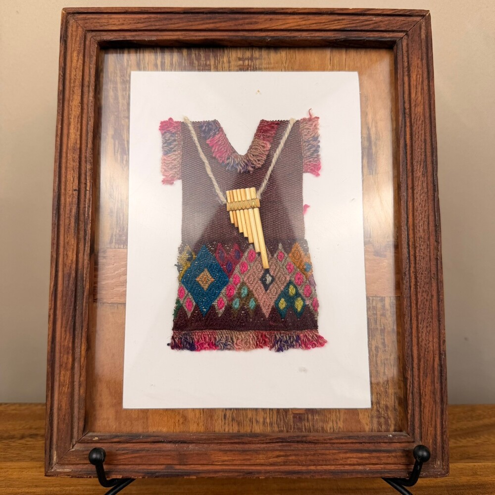 Vintage Peruvian Woven Textile Folk Art Framed Miniature Poncho Pan Flute